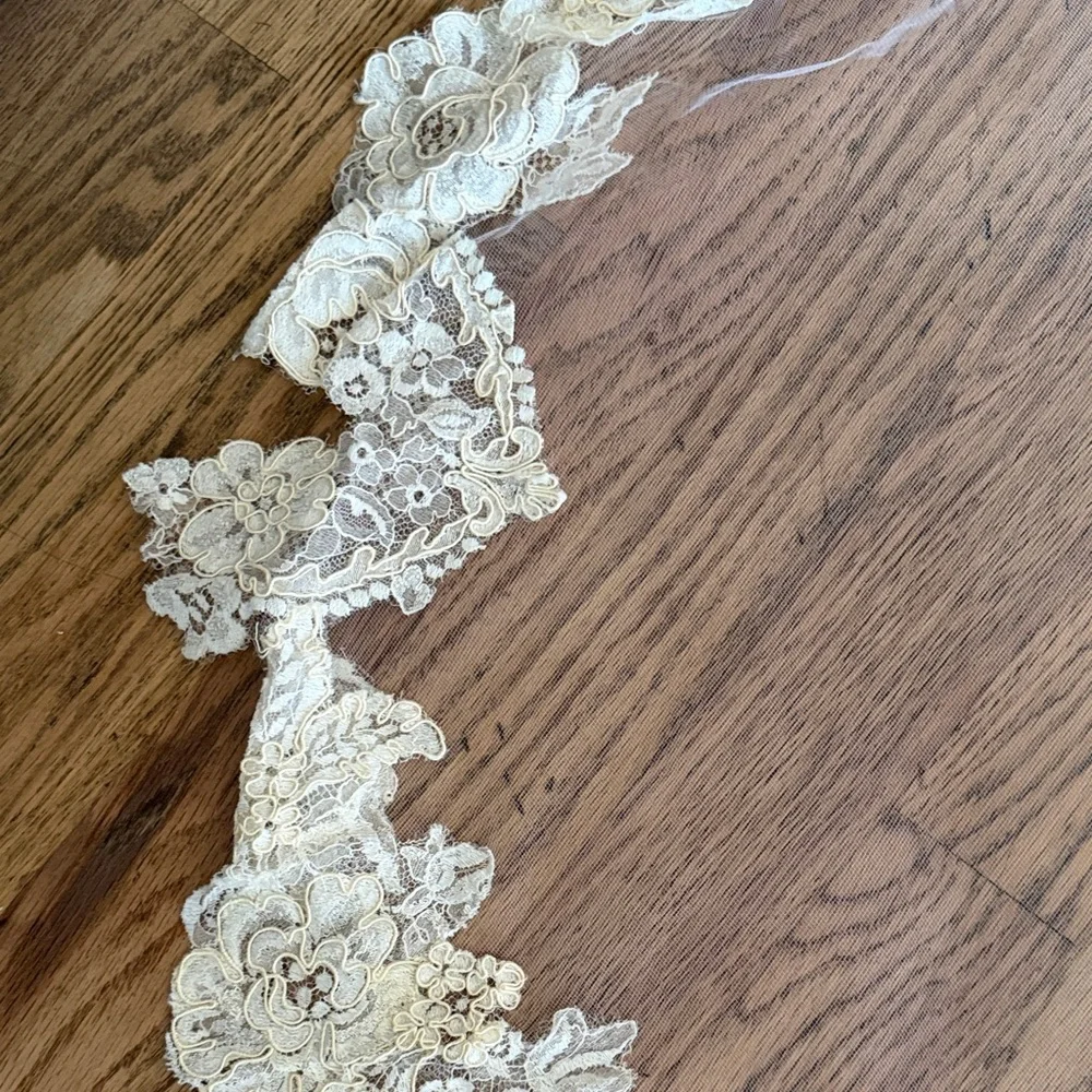 Vintage Ivory Lace-Trim Bridal Veil with Floral Appliqués, Fingertip Length - Picture 7 of 9